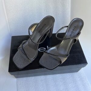 BEBE JEANETTE Estella Pewter Sling / Black Crystal Sz 6.5